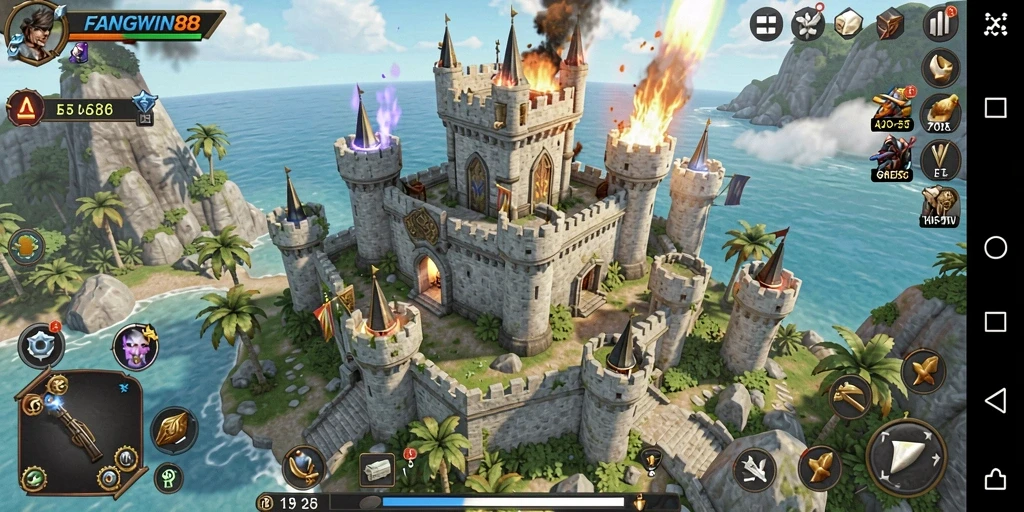 Tampilan gameplay <strong>FANGWIN88</strong> yang mengasyikkan dengan menara dan musuh.