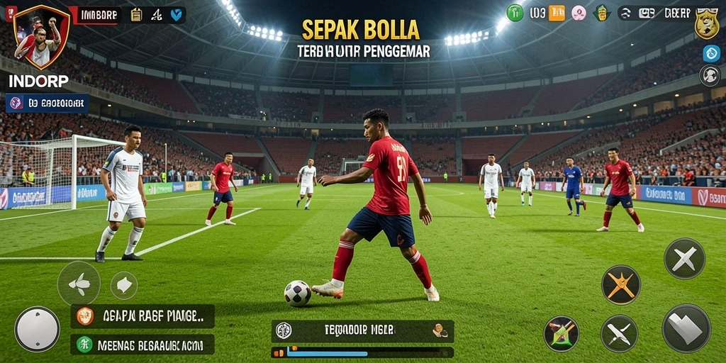 Tampilan layar gameplay INDORP menampilkan aksi sepak bola yang seru dan mendebarkan.