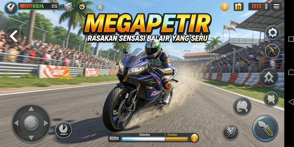 Screenshot gameplay MEGAPETIR menampilkan aksi seru balap motor.