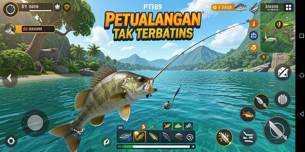 Screenshot utama dari gameplay memancing yang penuh aksi di PT89.